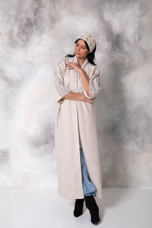 Off white silver shimmering wool abaya with handmade crochet