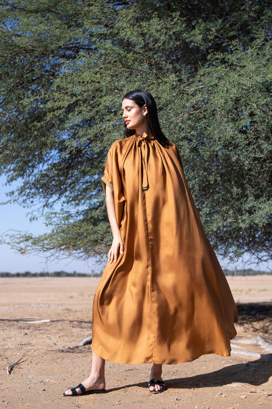 Silk Kaftan - Rust - with handmade crochet