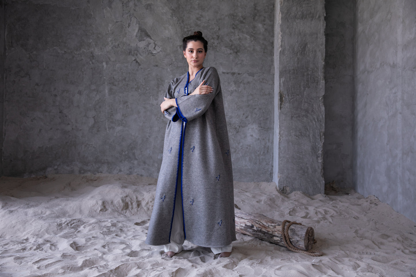 Winter abaya with handmade crochet and embroidery - Grey