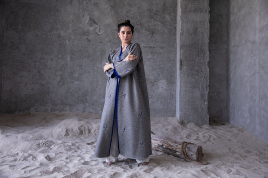 Winter abaya with handmade crochet and embroidery - Grey