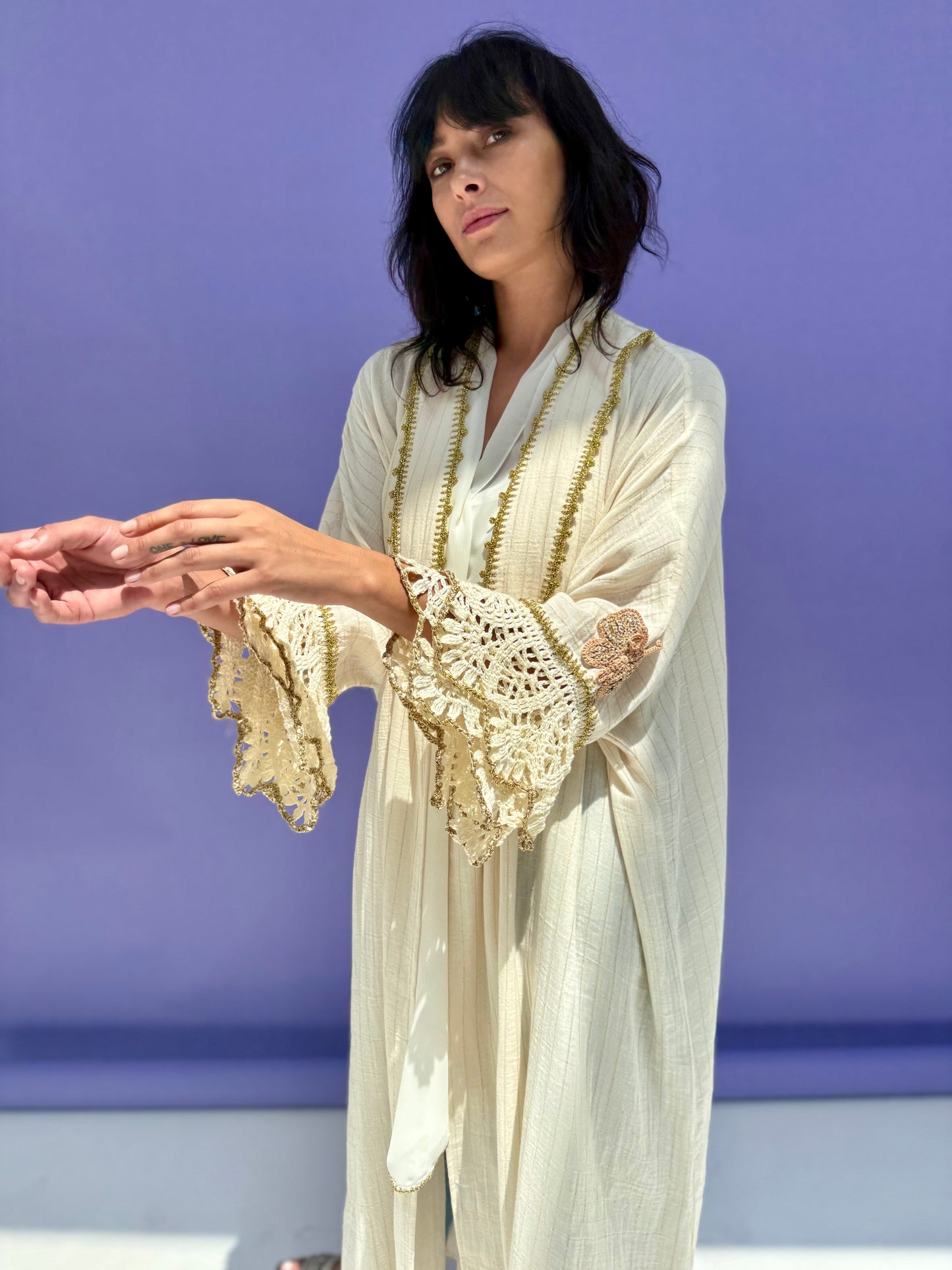Golden Stripe Muslin Abaya Butterfly