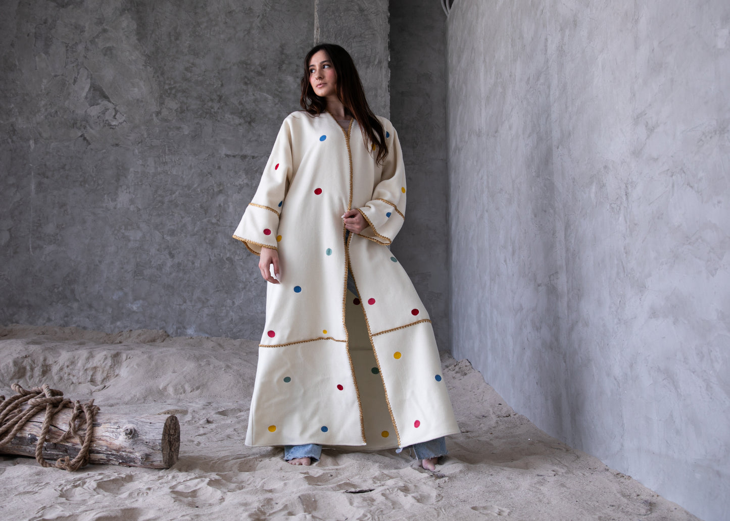 Winter abaya with handmade embroidery and crochet - White