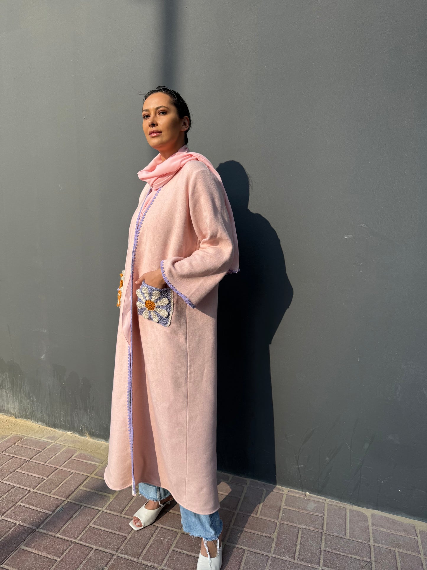Soft wool abaya with handmade crochet - Light pink