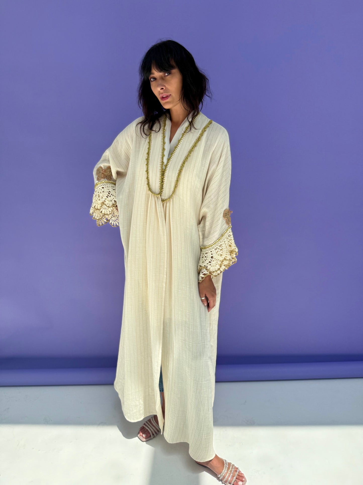 Golden Stripe Muslin Abaya Butterfly