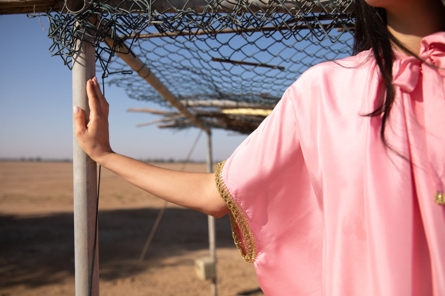 Silk Kaftan with Handmade crochet - Pink