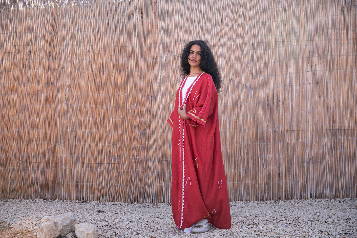 Linen abaya with handmade crochet and embroidery - Red