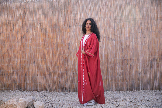 Linen abaya with handmade crochet and embroidery - Red