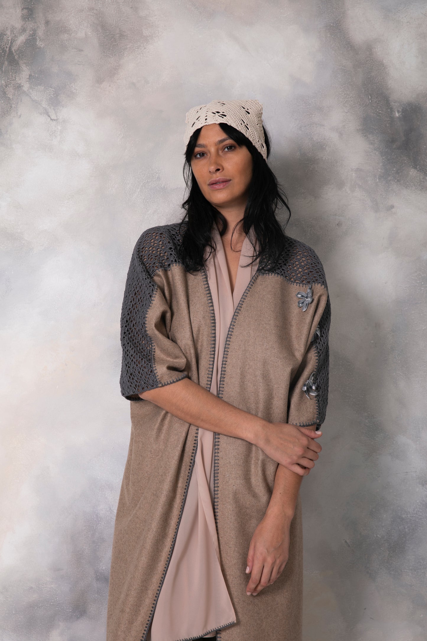 Brown wool coat with handmade crochet