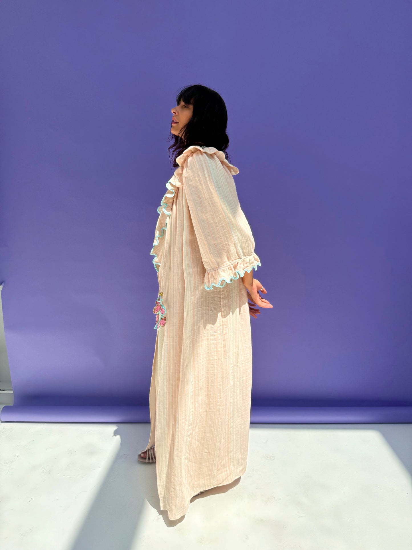 Stripe Muslin Butterfly Abaya Set - Pink Stripe