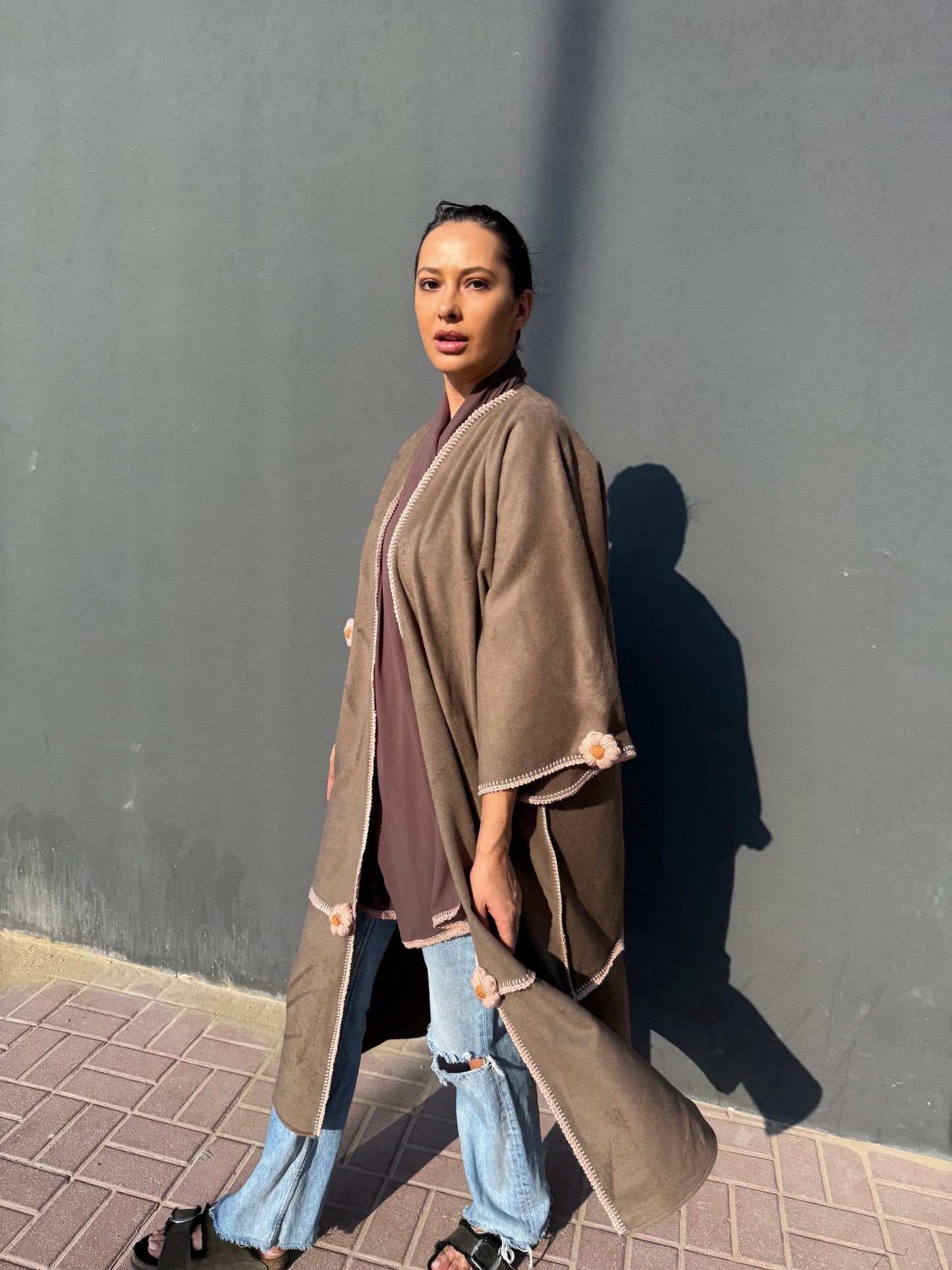cashmere abaya with handmade crochet flowers - Brown