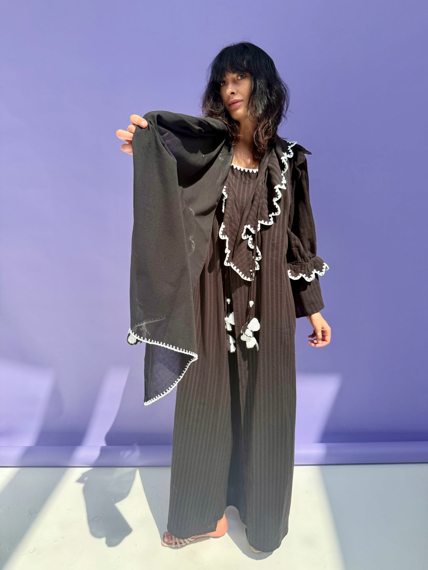 Stripe Muslin Butterfly Abaya Set - Black