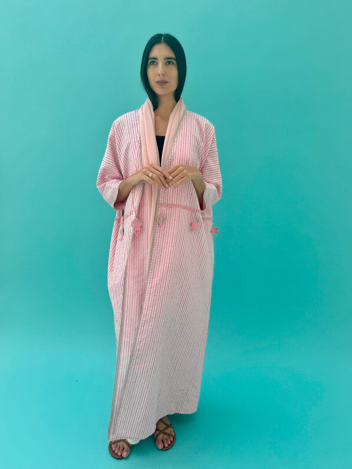 Seaworld Drop- Pink linen abaya with black  handmade crochet