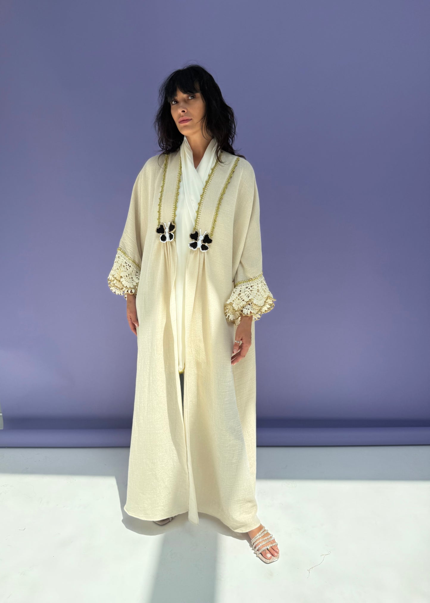 Golden Shimmer Muslin Abaya Butterfly