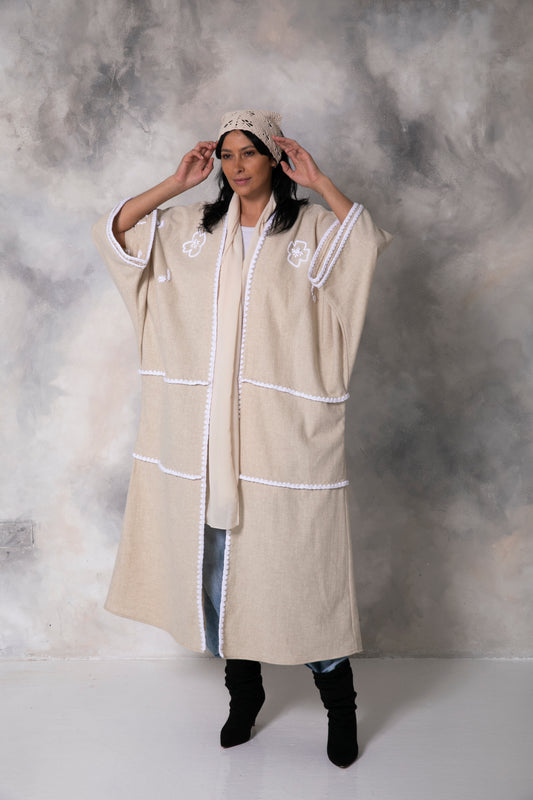 Off white wool abaya with handmade crochet and embroidery