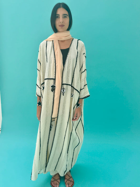 Seaworld Drop- Oatmeal linen abaya with black  handmade crochet