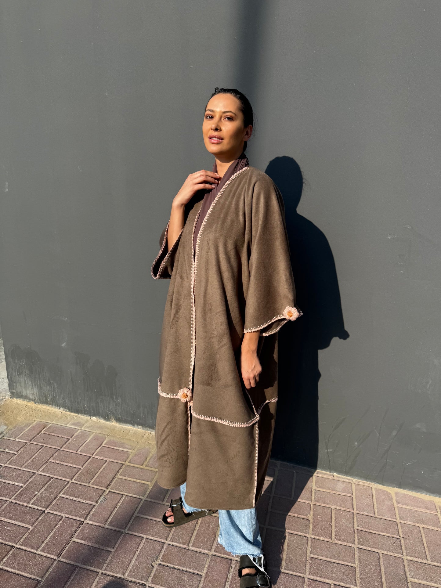 cashmere abaya with handmade crochet flowers - Brown