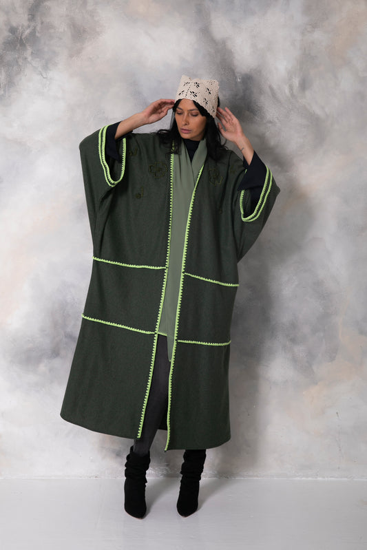 Dark Green Wool abaya with handmade crochet and embroidery