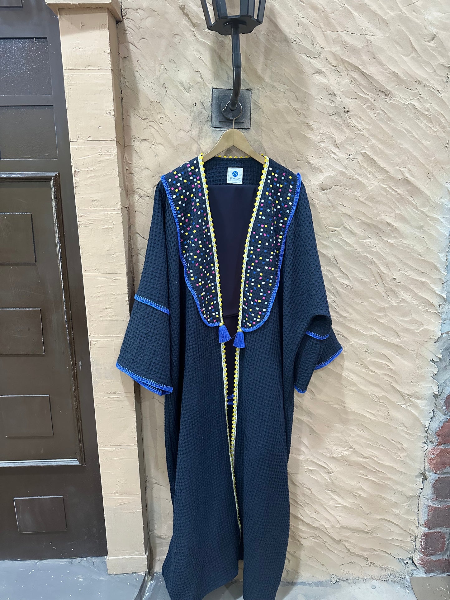 Waffle Linen abaya with handmade embroidery and crochet - Navy Blue