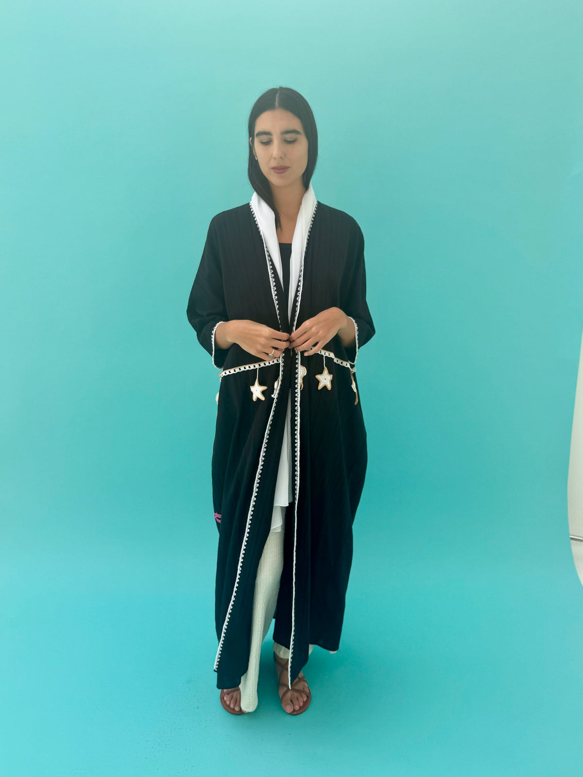 Seaworld Drop- Black linen abaya with white handmade crochet