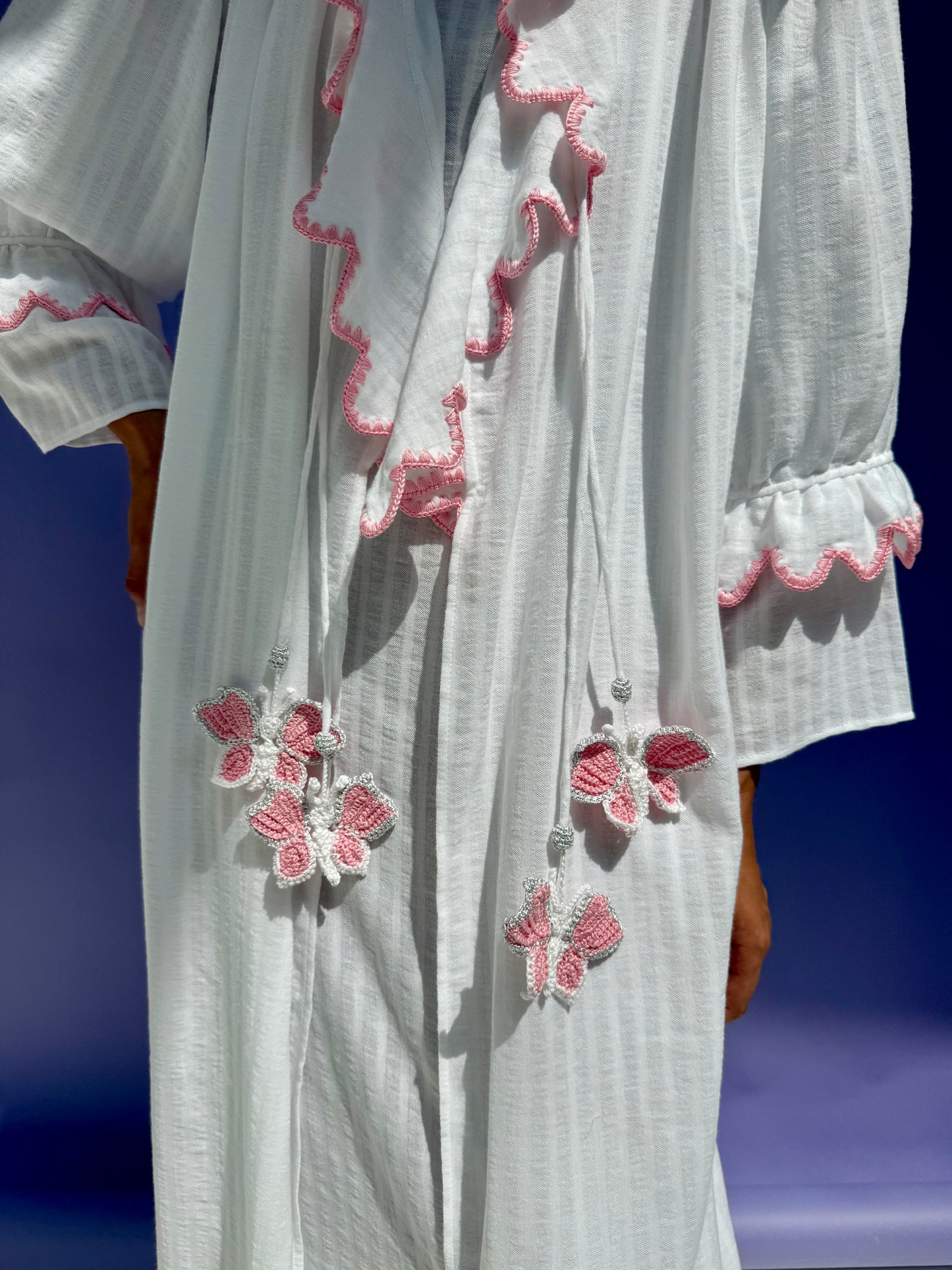 Stripe Muslin Butterfly Abaya Set - White