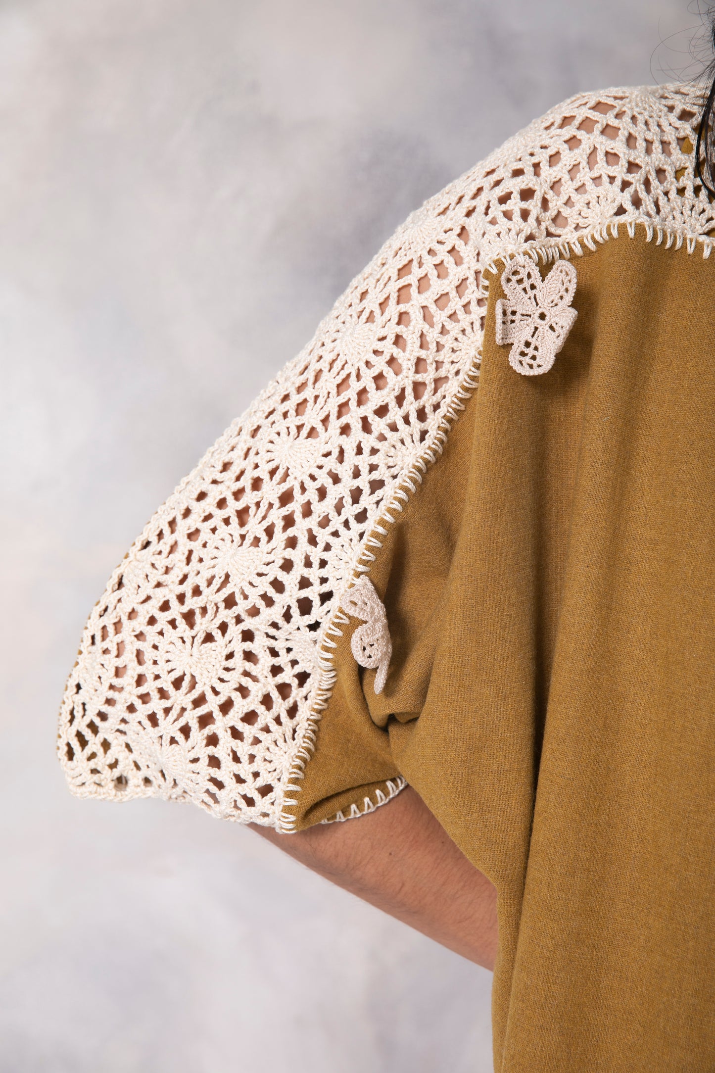 Mustard light wool abaya with handmade crochet