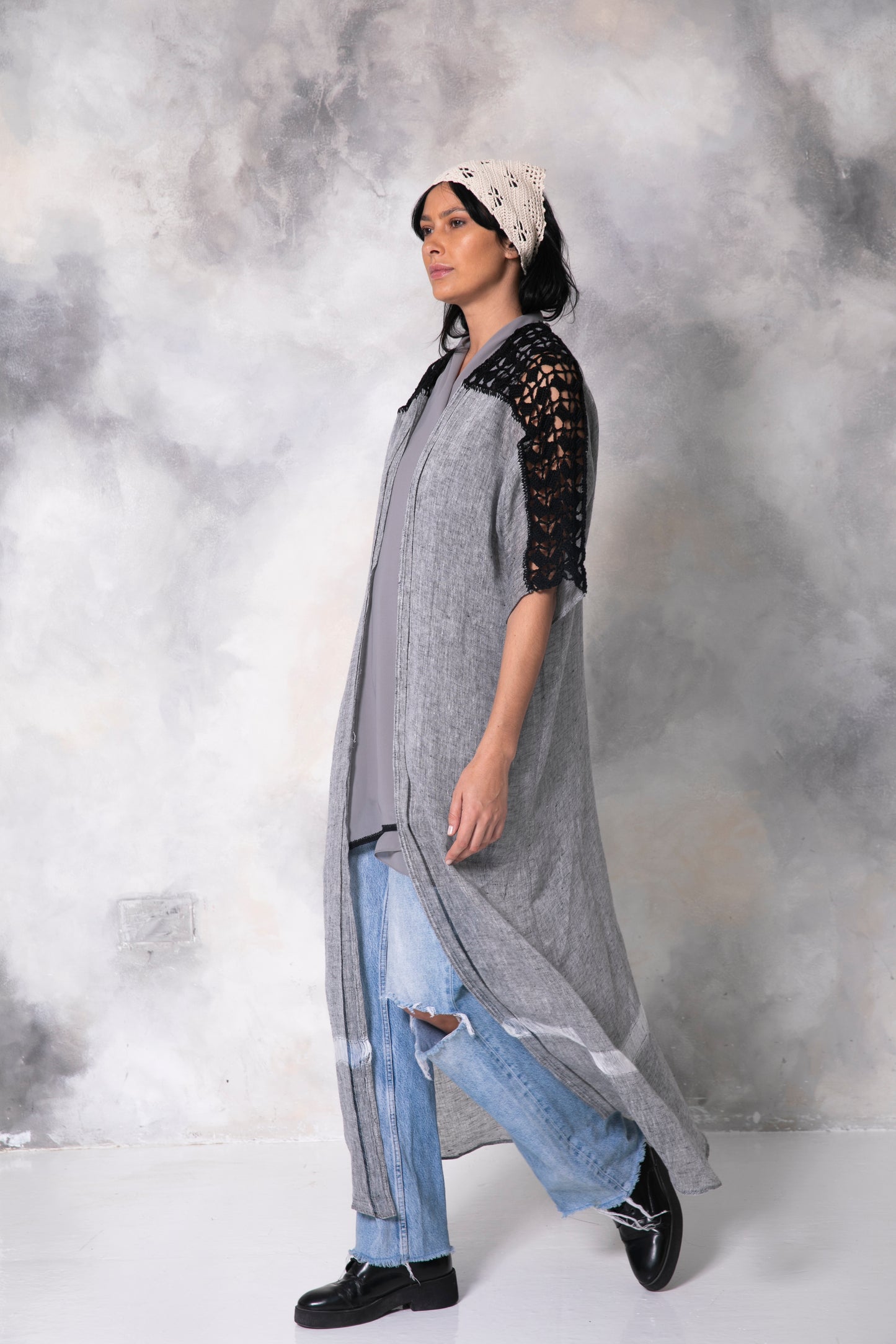 Dark grey linen abaya with handmade crochet