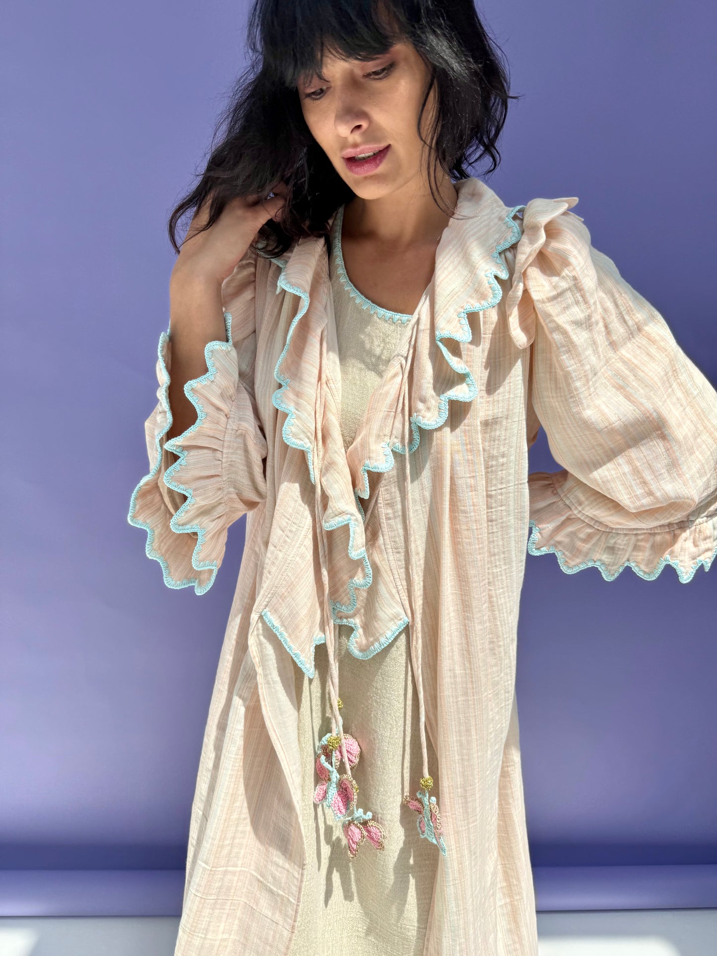 Stripe Muslin Butterfly Abaya Set - Pink Stripe