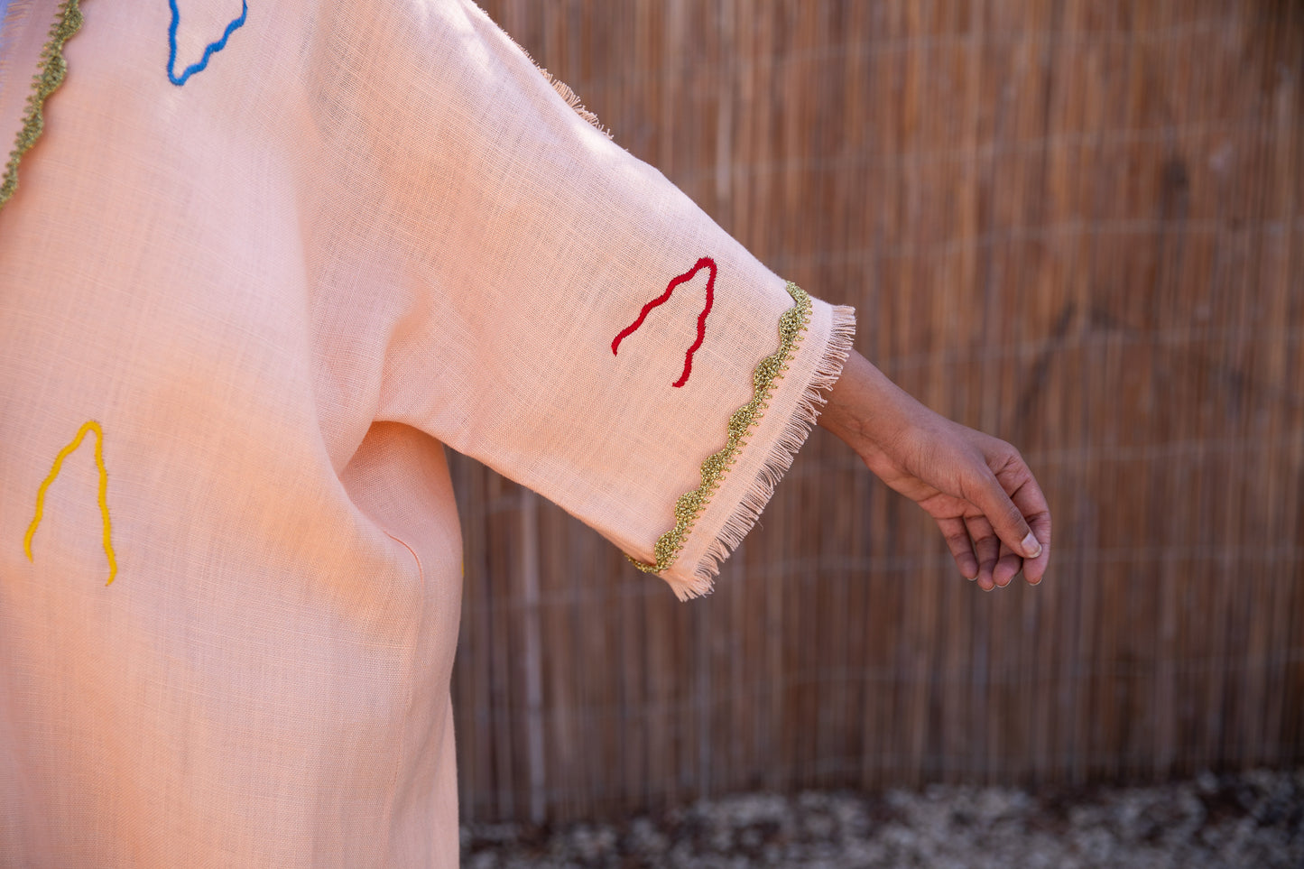 Linen abaya with handmade embroidery and crochet - Light Orange