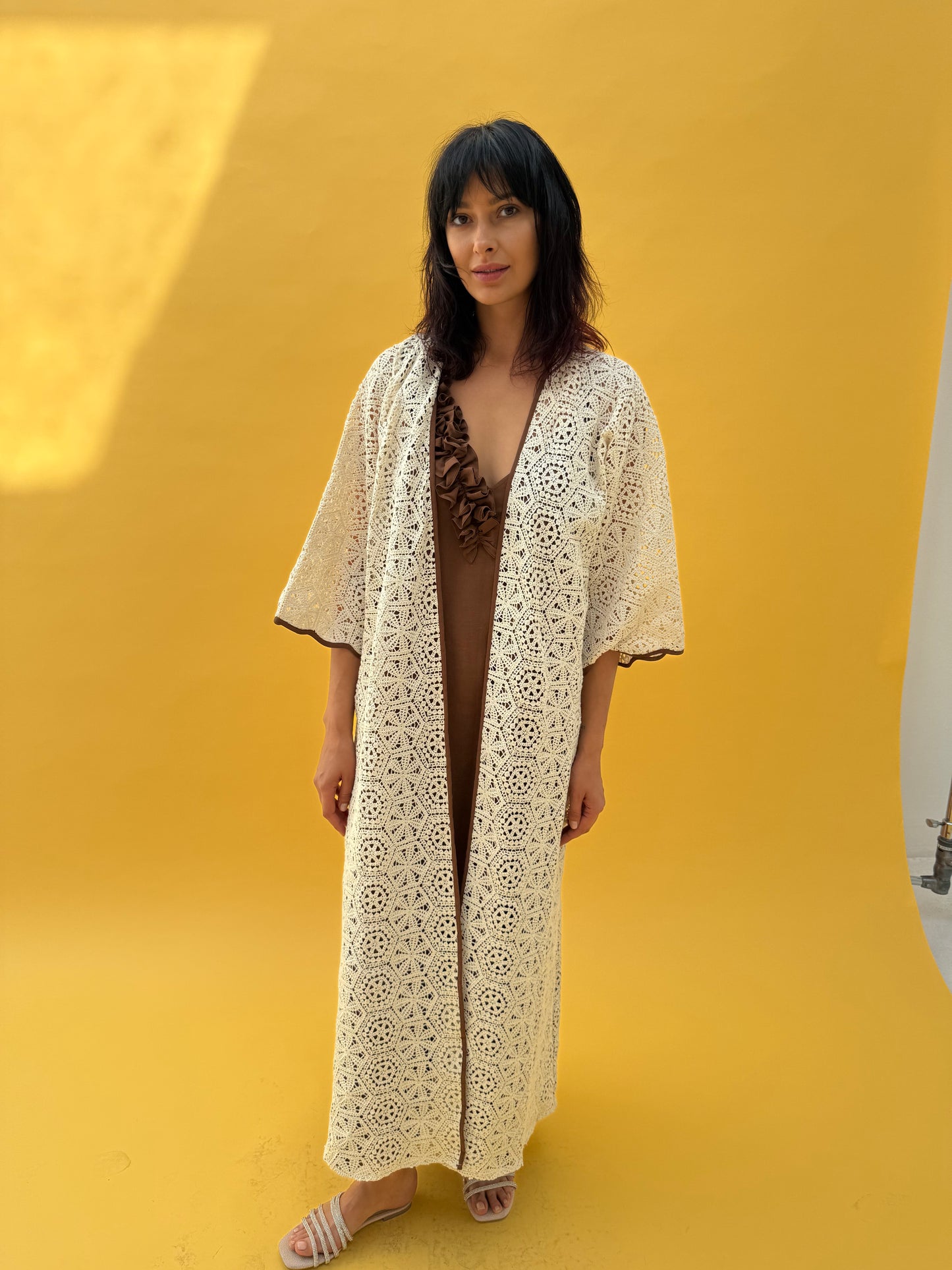 Crochet Abaya set with brown inner dress