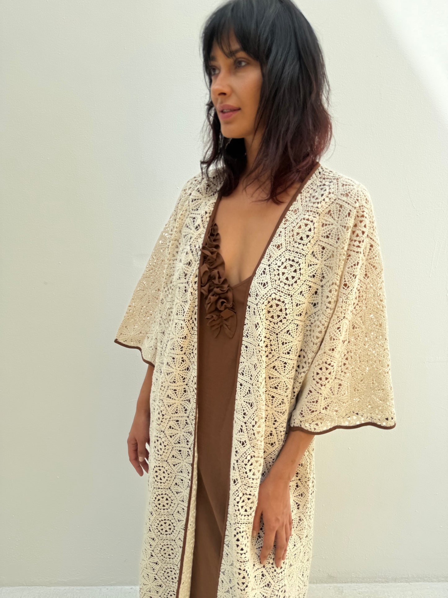 Crochet Abaya set with brown inner dress