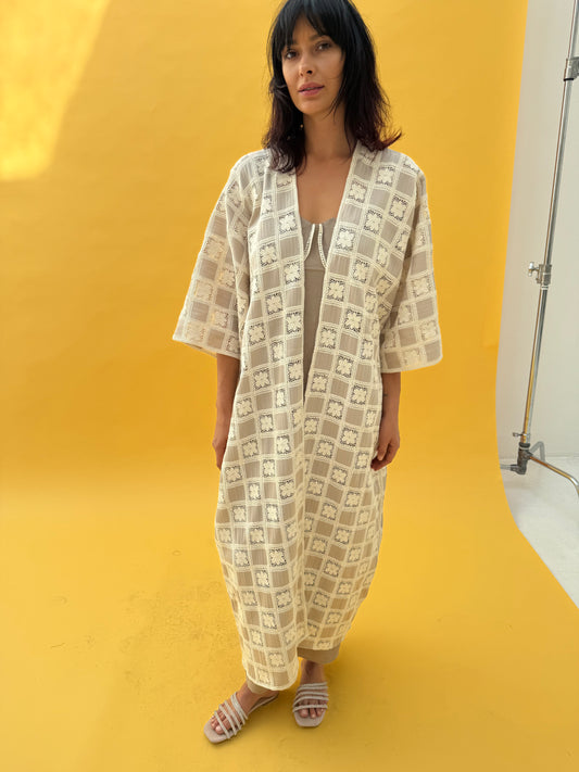 Crochet abaya set with grey linen dress - Grey
