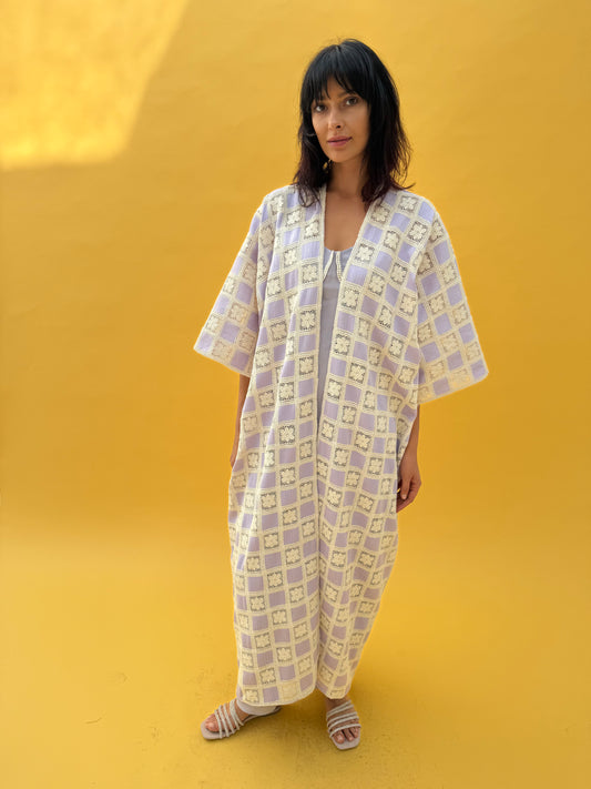 Crochet Abaya set with linen inner dress - Lavender