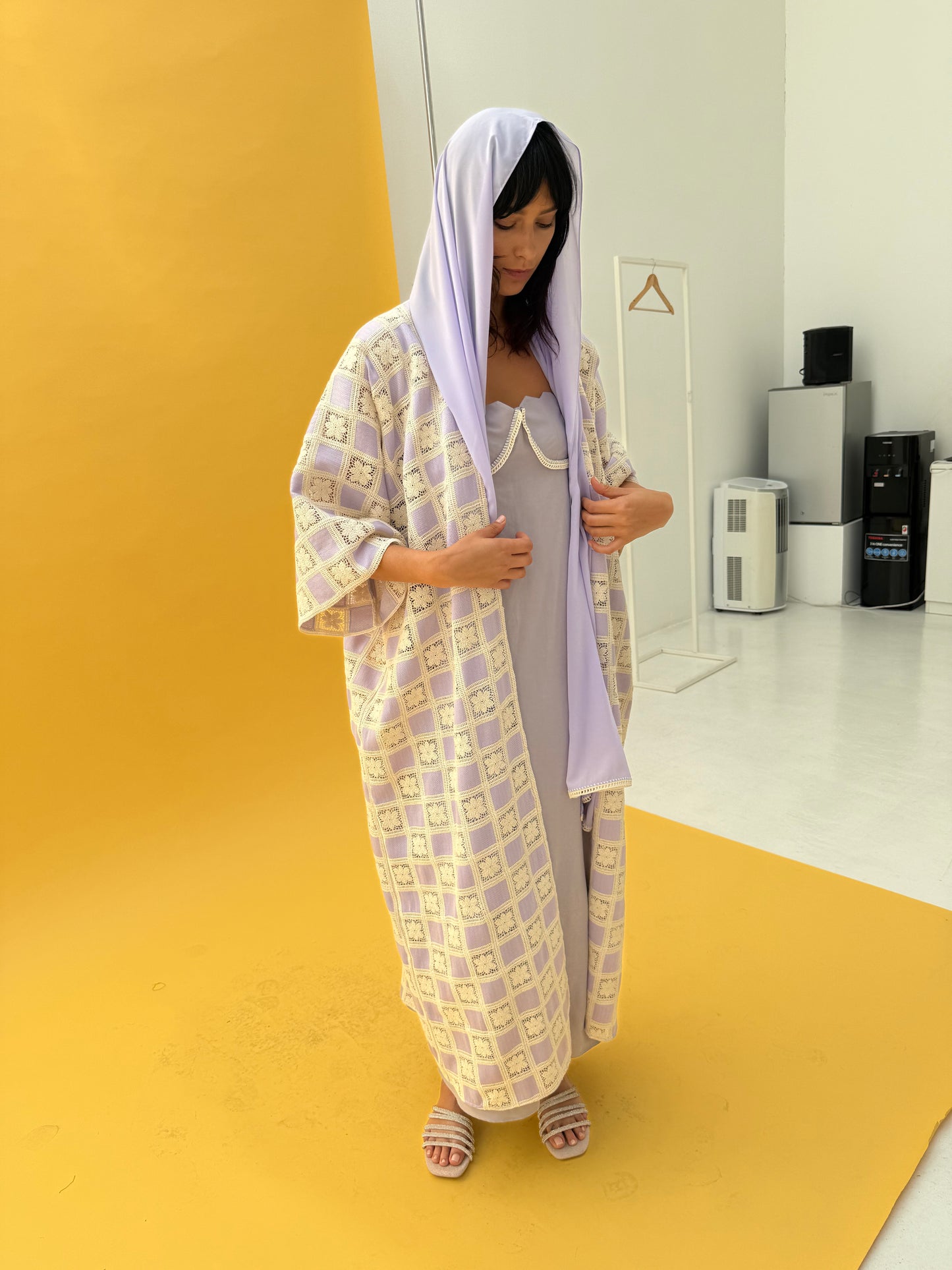 Crochet Abaya set with linen inner dress - Lavender