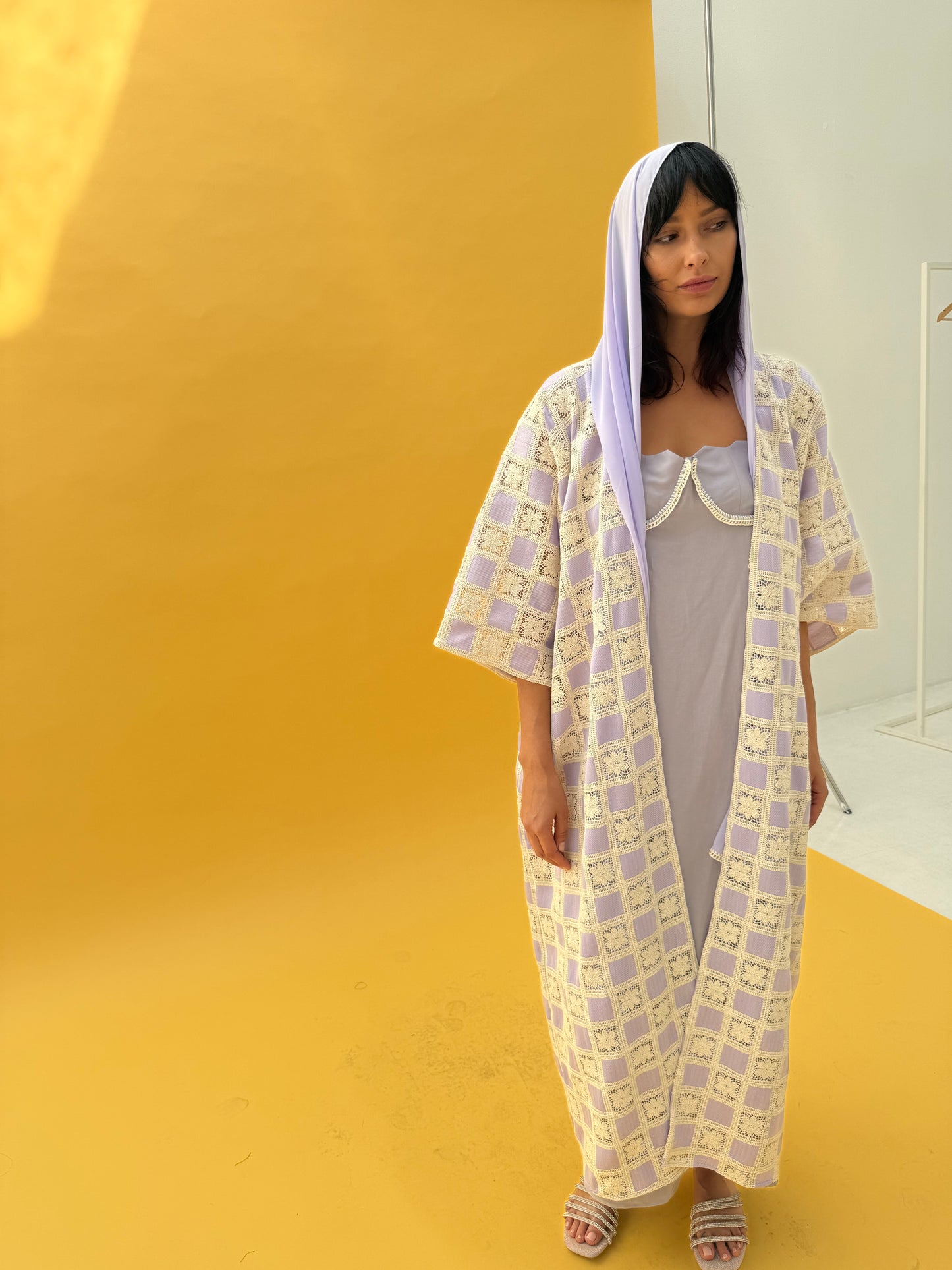 Crochet Abaya set with linen inner dress - Lavender
