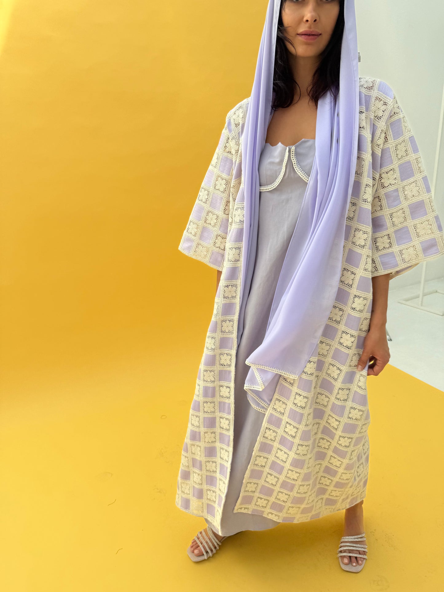 Crochet Abaya set with linen inner dress - Lavender