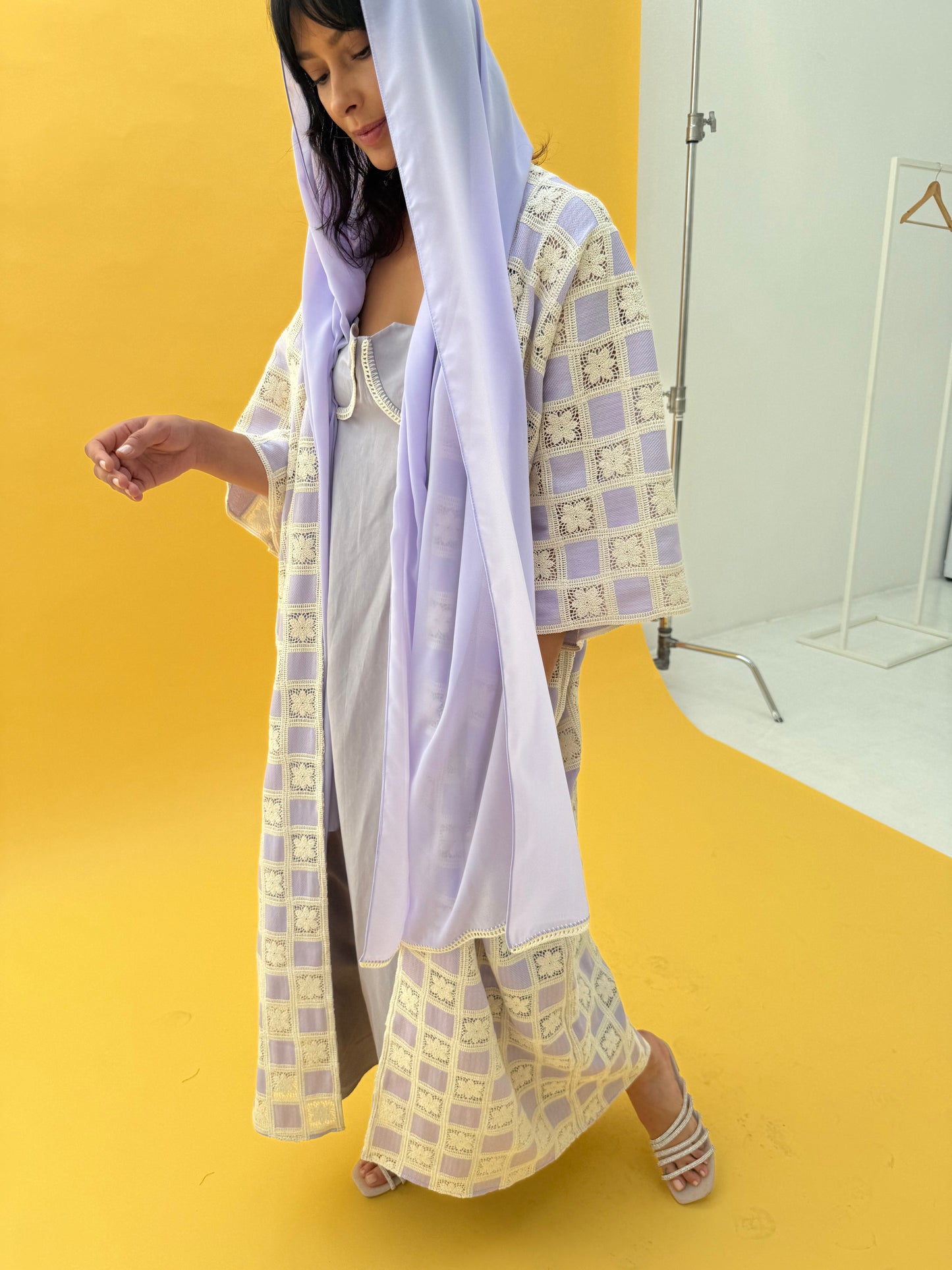 Crochet Abaya set with linen inner dress - Lavender