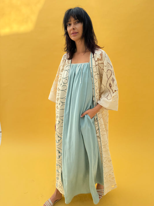 Crochet Abaya set with blue inner dress - Beige