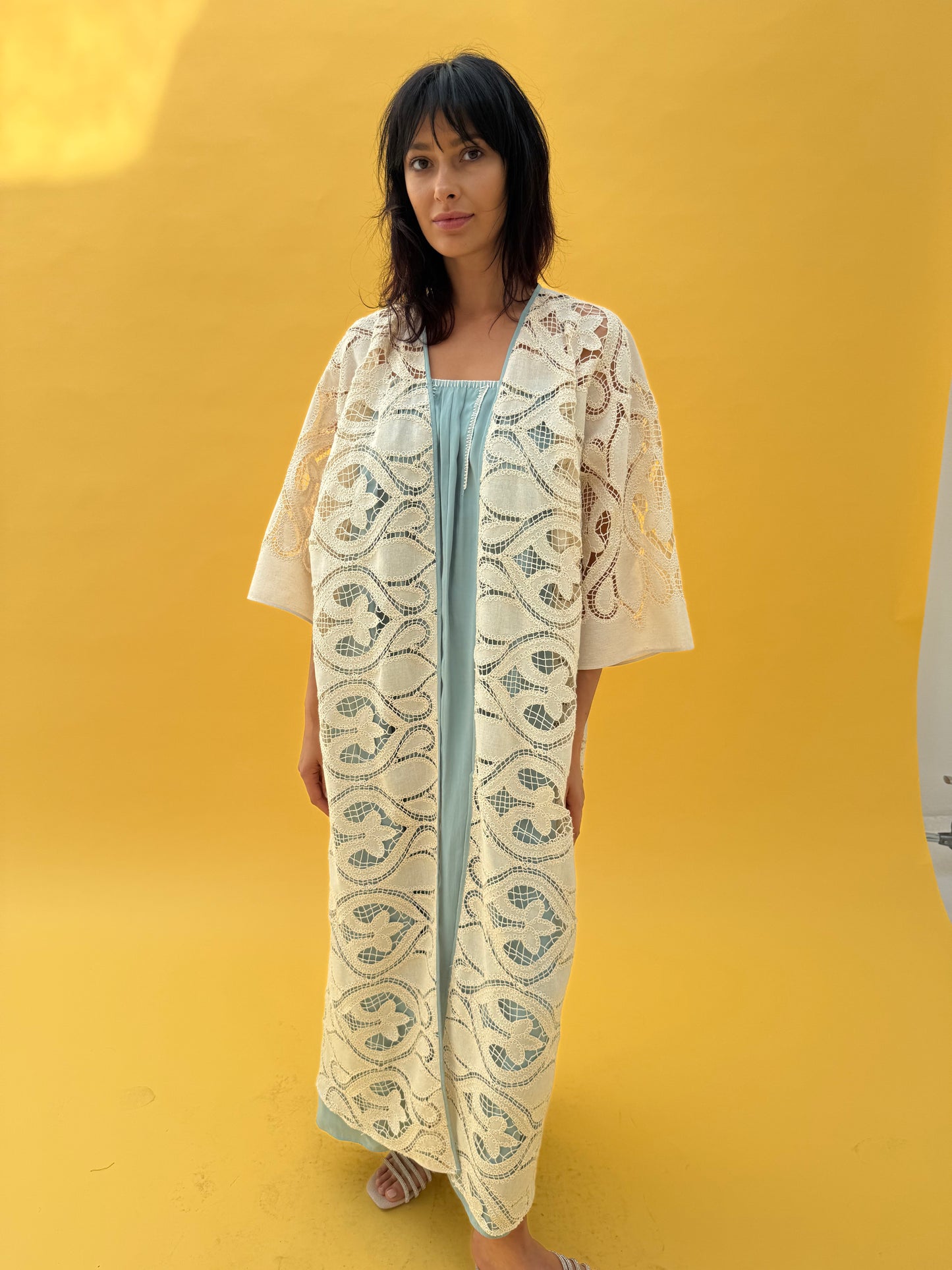 Crochet Abaya set with blue inner dress - Beige