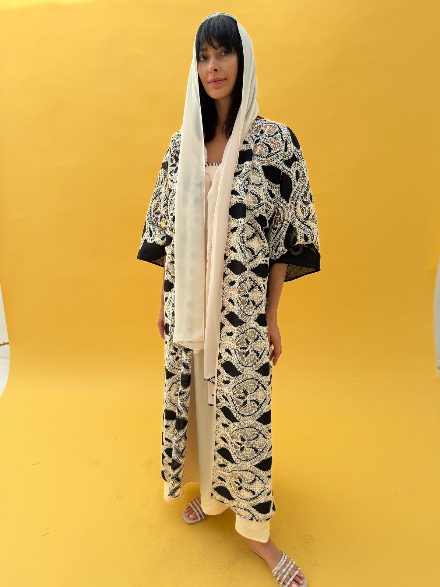 Crochet abaya set with cream dress - Navy blue