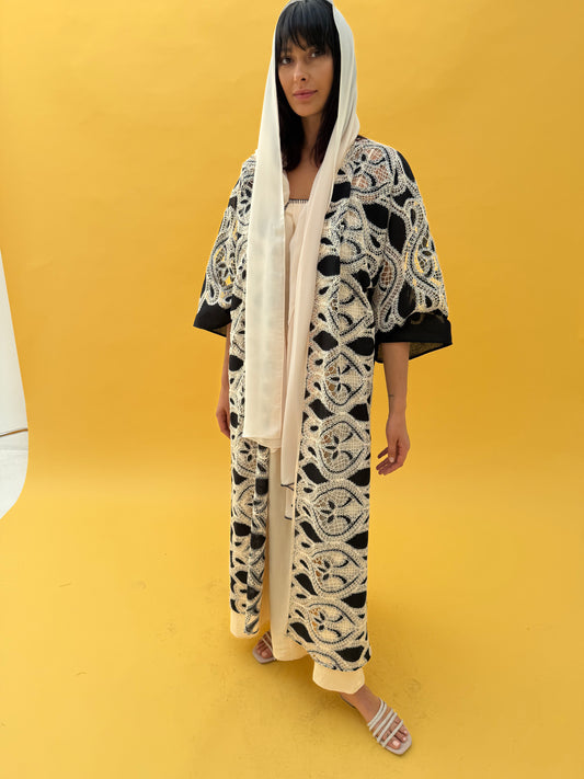 Crochet abaya set with cream dress - Navy blue