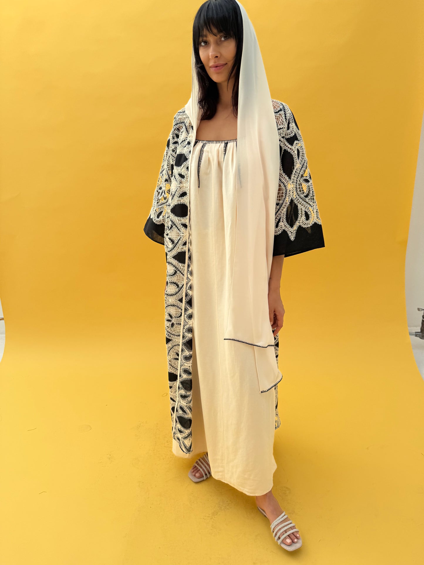 Crochet abaya set  with inner cream dress - Black