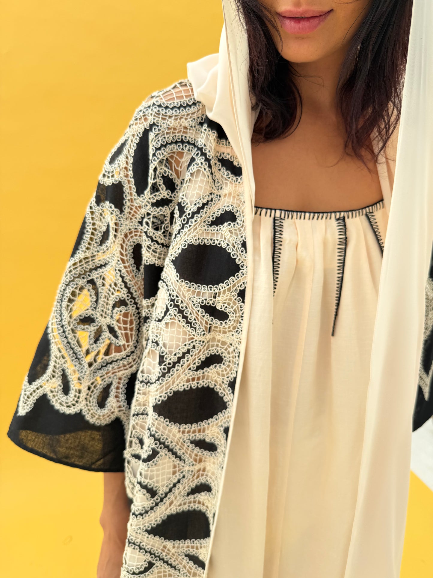 Crochet abaya set  with inner cream dress - Black