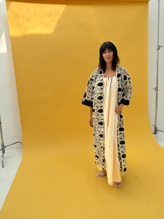 Crochet abaya set  with inner cream dress - Black