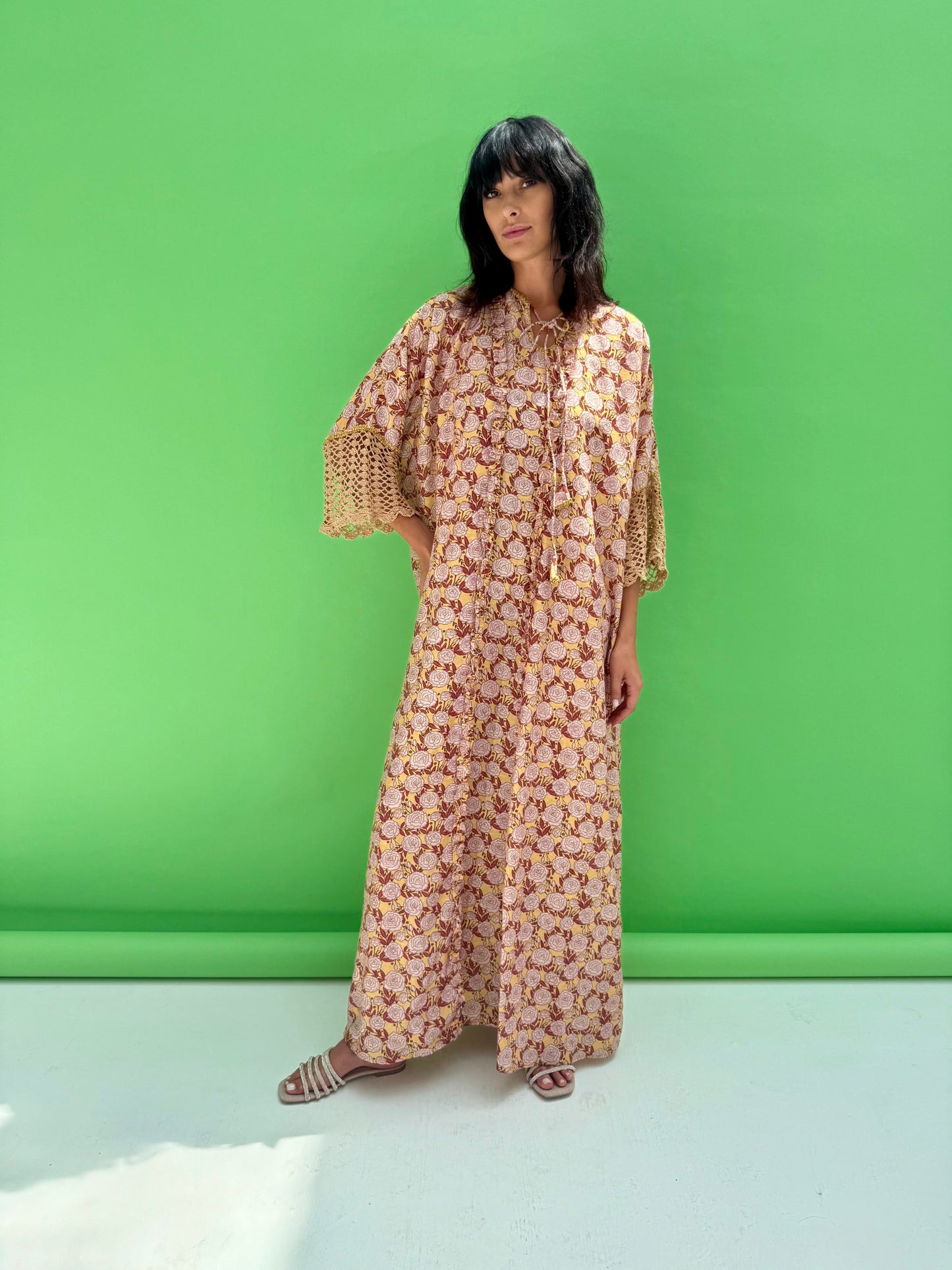 Daisy Drop 2 - floral print abaya set with handmade crochet sleeves