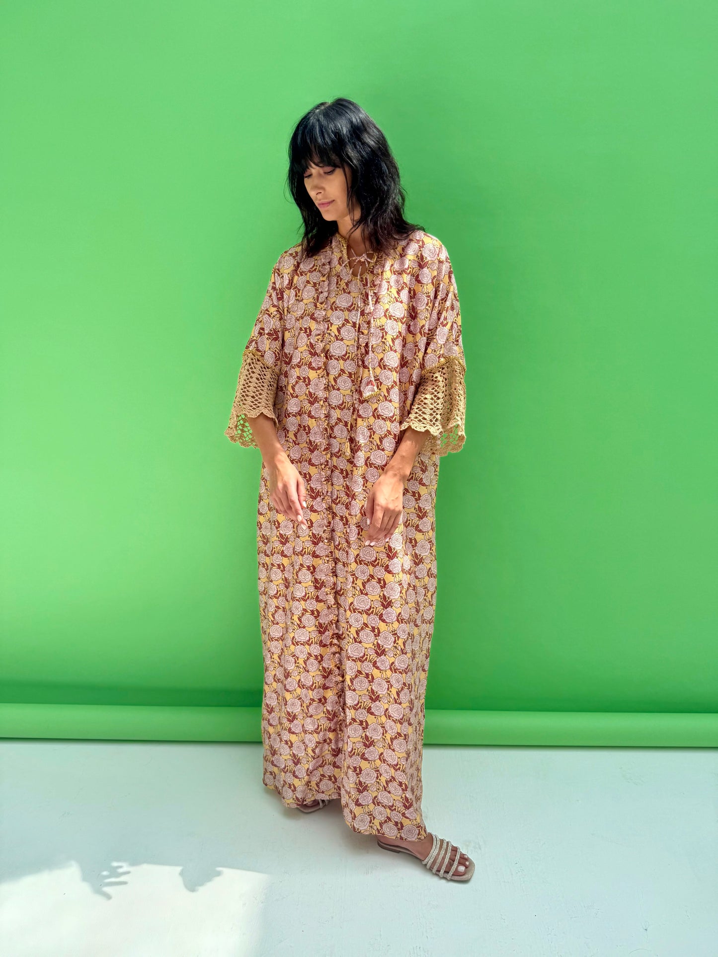 Daisy Drop 2 - floral print abaya set with handmade crochet sleeves
