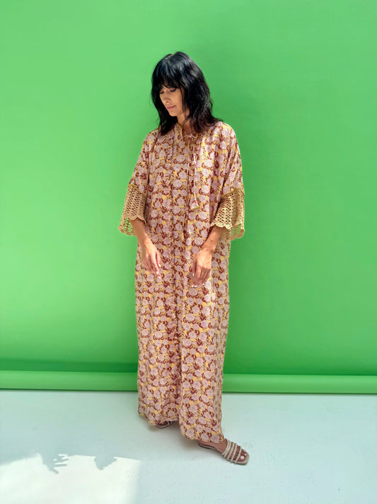 Daisy Drop 2 - floral print abaya set with handmade crochet sleeves