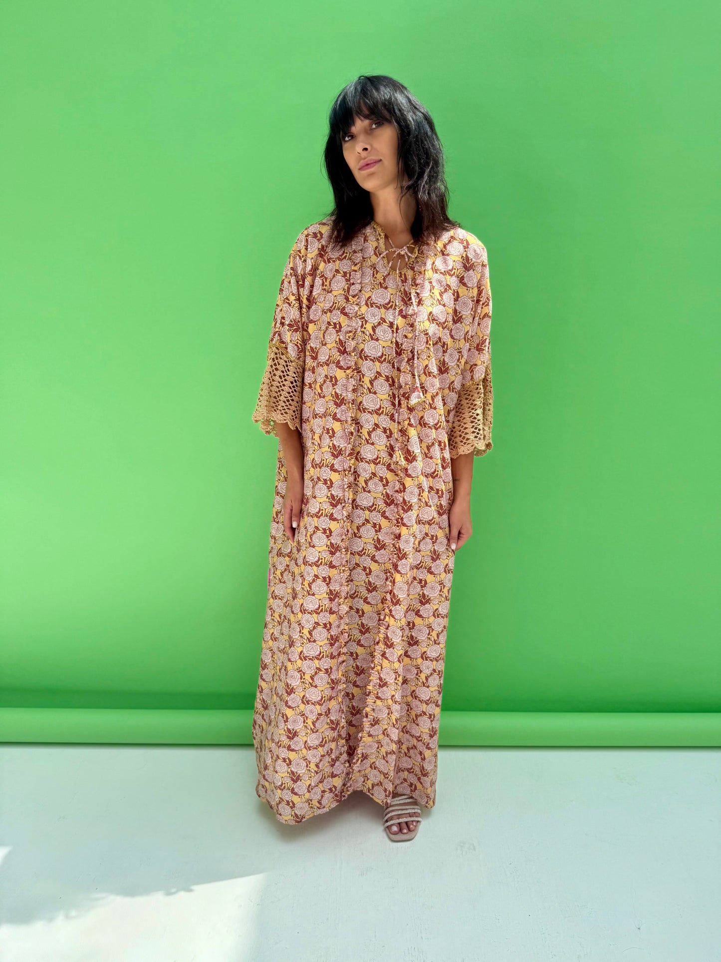 Daisy Drop 2 - floral print abaya set with handmade crochet sleeves