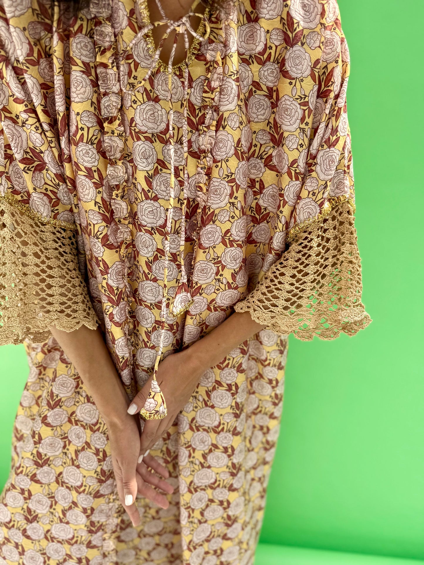 Daisy Drop 2 - floral print abaya set with handmade crochet sleeves