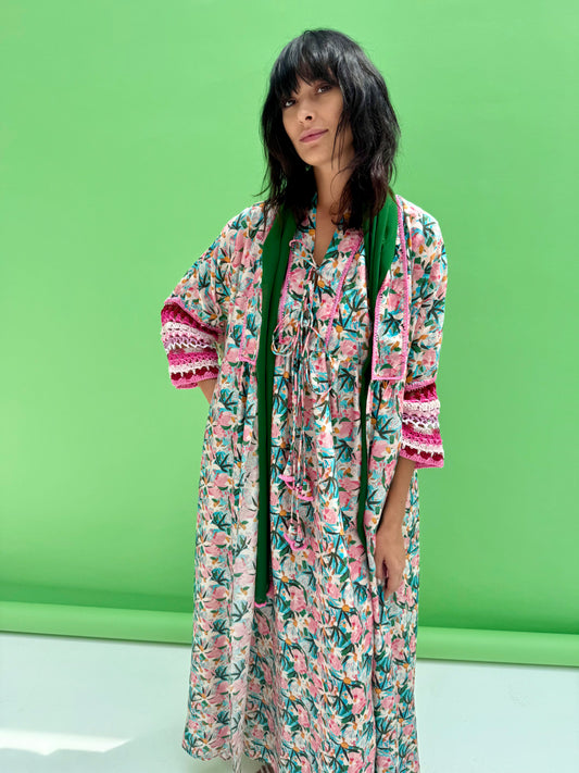 Daisy Drop 2 - floral print abaya set with handmade crochet