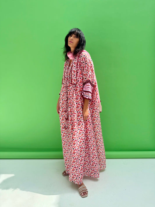 Daisy Drop 2  - floral print abaya set with handmade crochet sleeves